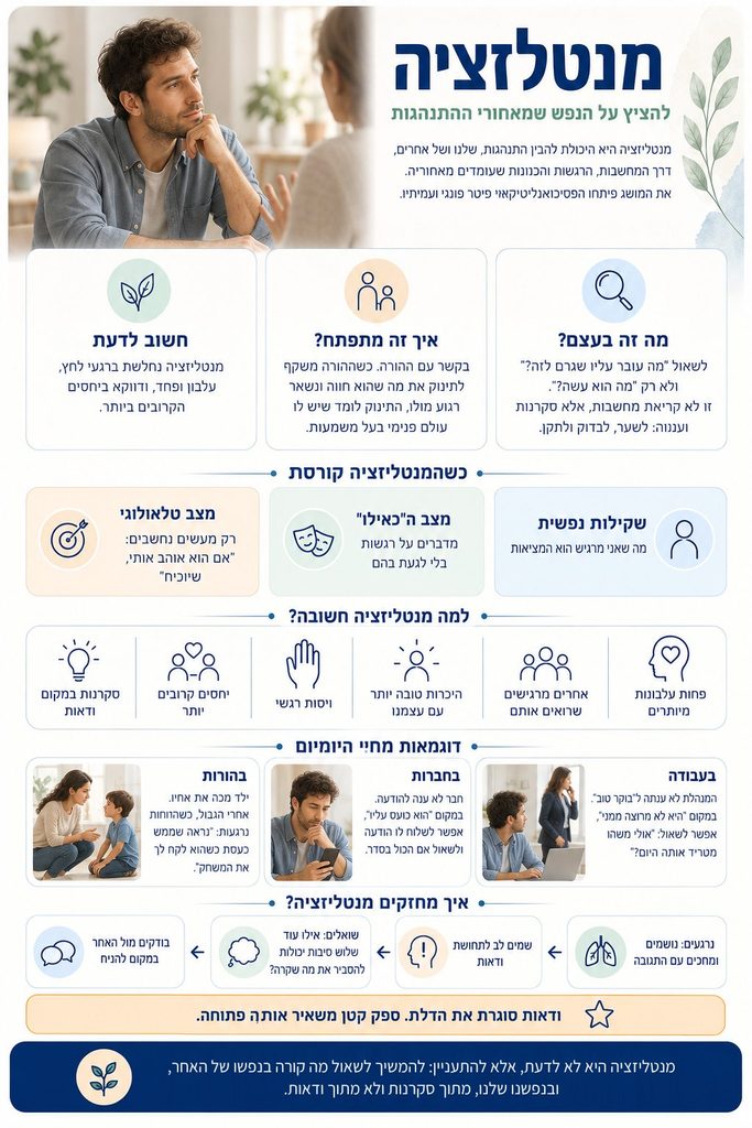 אינפוגרפיקה על מנטליזציה: מה היא, איך היא מתפתחת, שלושה מצבים שבהם היא קורסת, דוגמאות מחיי היומיום ודרכים לחזק אותה